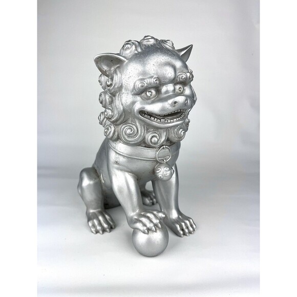 9" Chinese Silver Guardian Lion Fu Dog Art Statue Rhinestone Medium - Picture 1 of 13